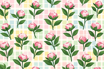 Bright flower pattern with peonies on a pastel checked background during daylight
