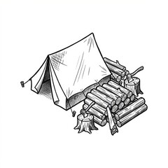 Hand drawn sketch of a lumberjack camp with cut logs map illustration.