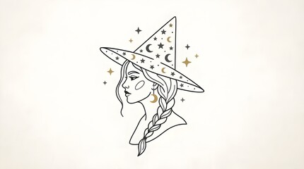 Obraz premium Elegant black and gold line art illustration of a woman wearing a mystical wizard hat decorated with celestial moon and star patterns. Perfect for esoteric, astrology, or mystical branding.