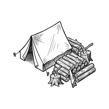 Hand drawn sketch of a lumberjack camp with cut logs map illustration.