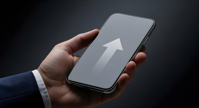 A businessperson's hand holds a sleek smartphone displaying a prominent upward arrow, symbolizing growth and progress.