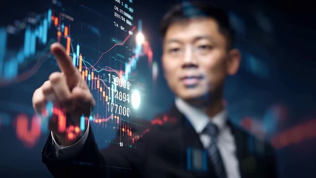 Financial advisory professional providing guidance on market trends with digital analytics in modern office setting