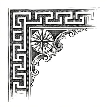 Hand drawn sketch of a geometric greek key map corner illustration.