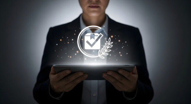 A person in a suit holds a glowing tablet displaying a quality assurance and certification icon with a checkmark.