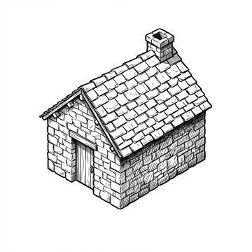 Hand drawn sketch of a sturdy stone cabin rural home map illustration.