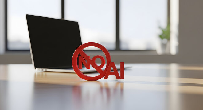 A prominent red "NO AI" sign stands in front of a laptop on a desk, indicating a stance against artificial intelligence.