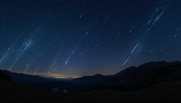 AI Generated Lyrid Meteor Shower Over Mountains Astrophotography Scene
