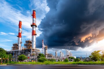 Obraz premium Dramatic Sky Over Oil Refinery Amidst Extreme Weather Conditions