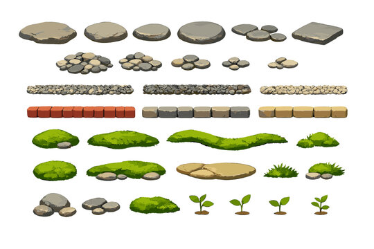 Collection of stones, pebbles, and grass elements for landscape design use in outdoor or garden projects