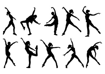 Diverse silhouettes of ballet dancers performing various graceful poses in mid-motion © hngrapx