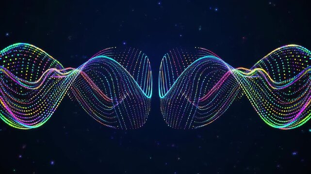 Vibrant digital wave pattern illustration in a dark blue cosmic environment from a frontal viewpoint showcasing technology and innovation