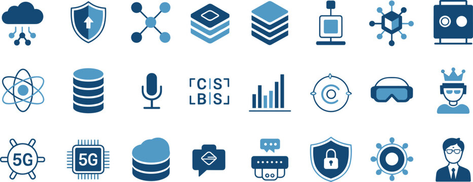 Cybersecurity icons, cloud computing, data protection, secure server, digital infrastructure, 5G technology, VR headset, blockchain, artificial intelligence, communication systems