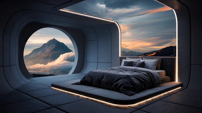 Futuristisches schwarzes Schlafmodul mit bernsteinfarbenem Licht