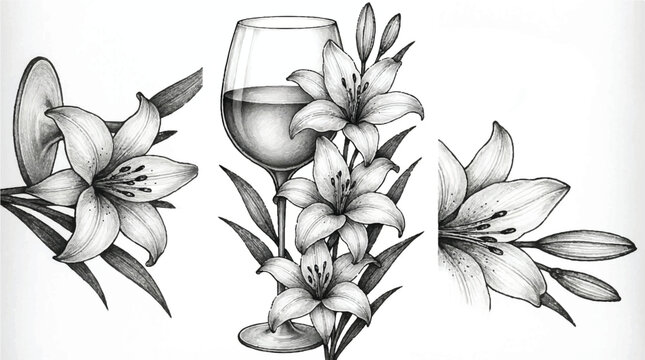 Elegant Black and White Sketch of Lily Flowers with a Glass of Wine