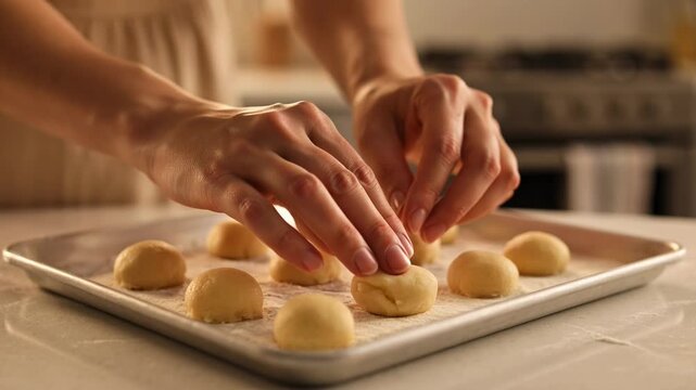 Close-up of Hands Gently Placing Homemade Cookie Dough Balls onto a Baking Sheet, Preparing for Oven