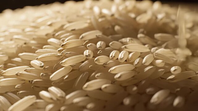 Close up macro shot of dry white rice grains falling and accumulating in soft warm studio lighting creating a textured background of staple food ingredient for healthy cooking and cuisine preparation