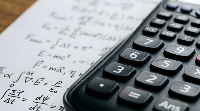 quantum math notes written on a paper with schrodinger equation and wave functions next to a calculator and stationery on a wooden desk