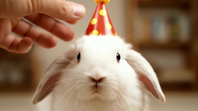 Red party hat on white rabbit head from human hand