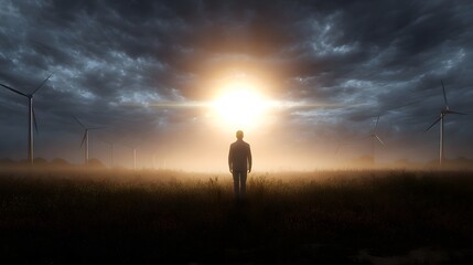 Fototapeta premium A solitary man stands in a misty field at sunrise facing a bright sun with wind turbines in the background