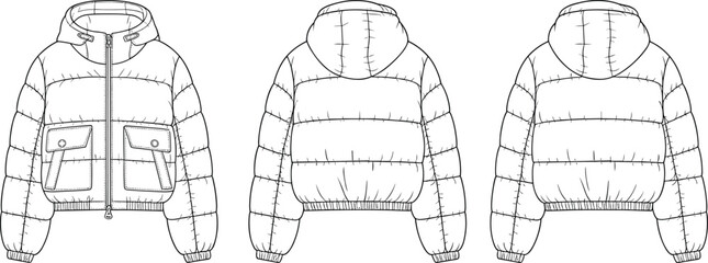 Three views of a quilted puffer jacket with a hood and pockets in a light color © ABDULLA