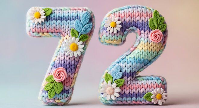 Handmade Knitted Number 72 with Striped Pastel Yarn and 3D Fabric Flower Decorations