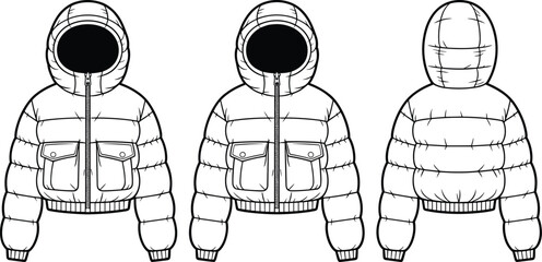 Three views of a white puffer jacket with black hood and pockets shown from front left, front right, and back © ABDULLA