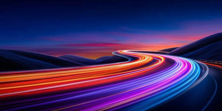 Abstract neon light trails on a winding road at night &ndash; speed and movement. A futuristic landscape with glowing traffic lanes, speed, technology, data flow, and digital communication. Highway at night