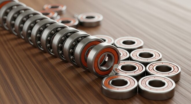 Assorted metal ball bearings laid out on a wooden surface with a close-up view of a bearing chain