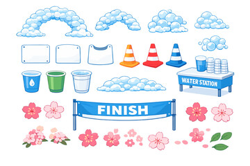 Colorful decorations and signs for a fun outdoor event at a park featuring a finish line and water station in a sunny setting