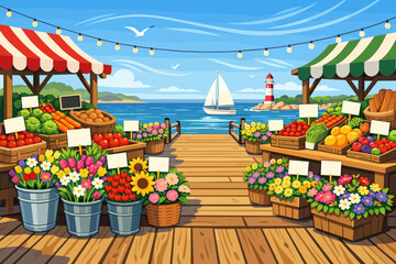 Colorful market stalls by the water with flowers and fruits in a sunny setting near a lighthouse and sailboat