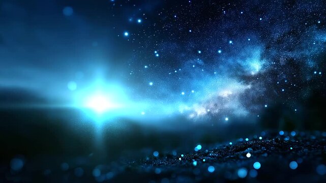 Deep blue night sky with vibrant stars and galaxies, defocused scattered across horizon, radiant shimmering celestial, astronomical wonder, cosmic beauty, with copy space