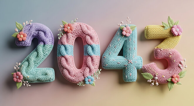 Future Year 2043 Rendered in Soft Textured Knitted Numbers with Colorful Floral Details