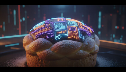 Digital bread with glowing circuit patterns on top, a fascinating blend of technology and tradition. Bread features intricate designs with vibrant colors that highlight modern innovation.