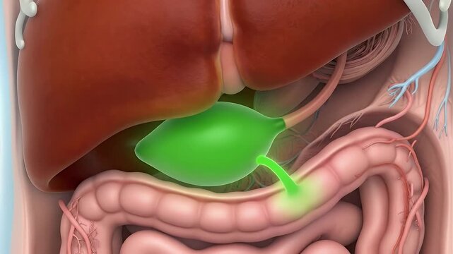 Green bile glow inside gallbladder on human liver