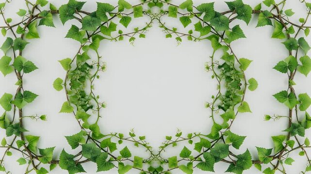 Overhead view of lush green ivy vines framing a blank white space with leaves and stems