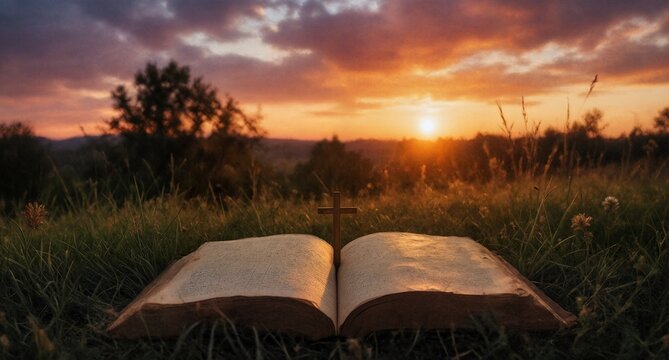 open bible with cross in grassy field at vibrant sunset.