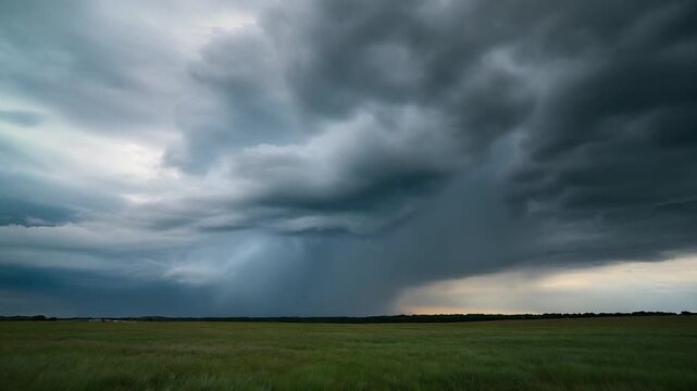 A dramatic storm cloud looms over a serene green landscape viewed from a low angle