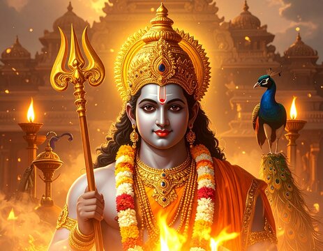 Murugan God - Tamil Deity Subramanya Swami with Six Faces (Arumugam) or Single Form, Divine Warrior

