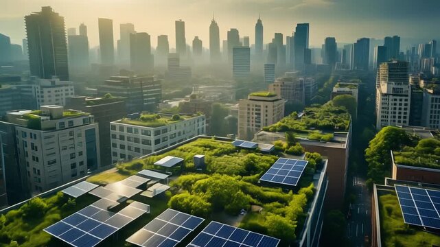 Aerial view of modern cityscape with green rooftops and solar panels on buildings