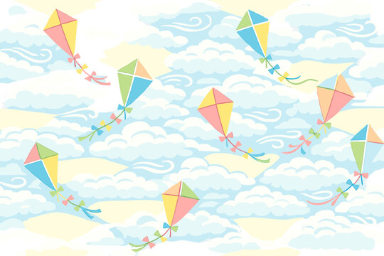 Colorful kites fly in the sky over soft clouds during a sunny day in a park