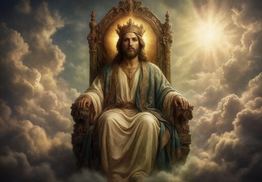 divine king jesus christ on ornate throne in heavenly clouds.