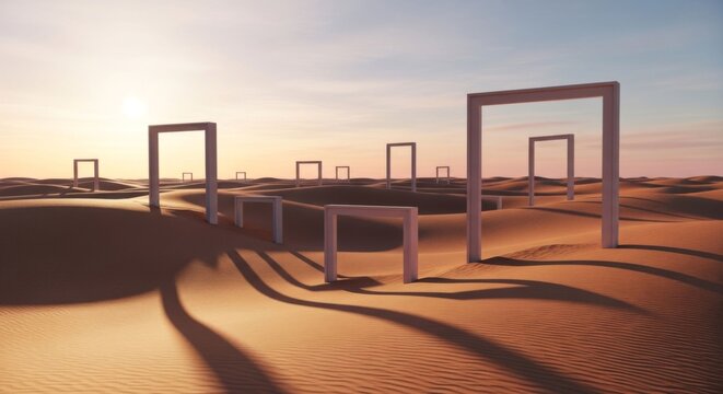 Surreal desert landscape with geometric doorways at sunset, abstract concept, dreamlike atmosphere