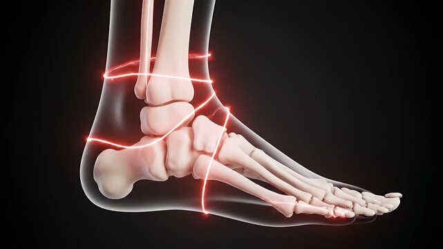 Foot bone skeleton with red light ring on ankle