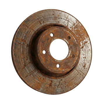Rusty metal brake disc rotor on transparent background