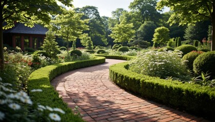 Obraz premium a serene garden with a winding brick pathway. Lush greenery and neatly trimmed bushes create a tranquil atmosphere in the garden.