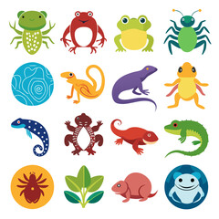 Obraz premium Colorful flat vector illustration of insects and amphibians