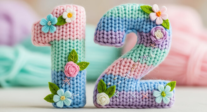 Decorative knitted numbers 12 with handmade crochet flowers in soft pastel colors