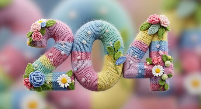 Colorful knitted numbers 204 with crochet floral decorations for anniversary or milestone