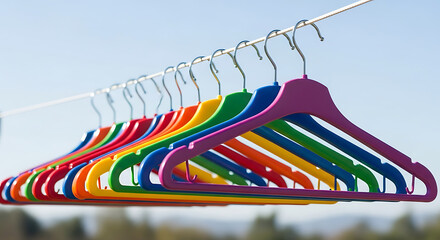 Row of Vibrant Rainbow Colored Plastic Clothes Hangers Hanging on a Wire Outside Under a Clear Blue Sky, Laundry and Household Organization Concept
