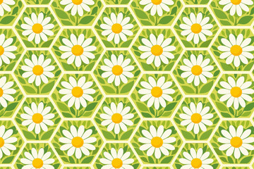 Obraz premium Bright flowers in a repeated hexagonal pattern on a green background with leaves